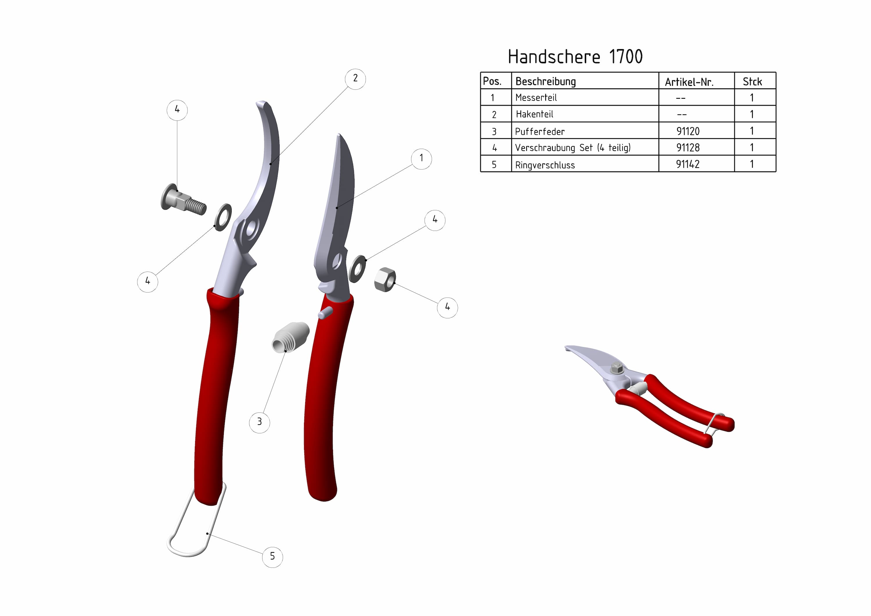 Technische Zeichnung mit Ersatzteilübersicht der Berger Handschere 1700