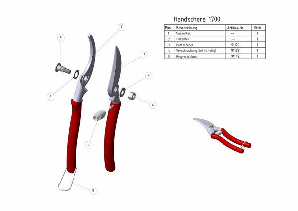 Technische Zeichnung mit Ersatzteilübersicht der Berger Handschere 1700