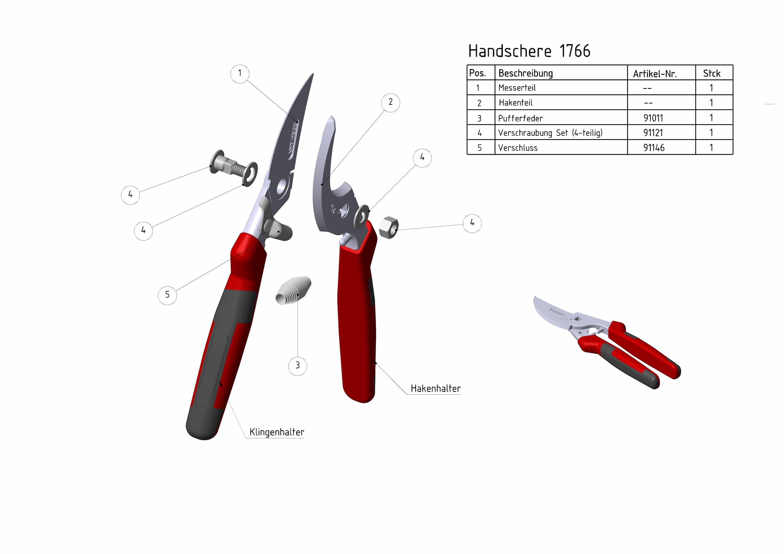 Technische Zeichnung mit Ersatzteilübersicht der Berger Handschere 1766
