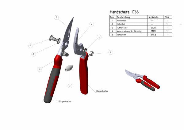 Technische Zeichnung mit Ersatzteilübersicht der Berger Handschere 1766