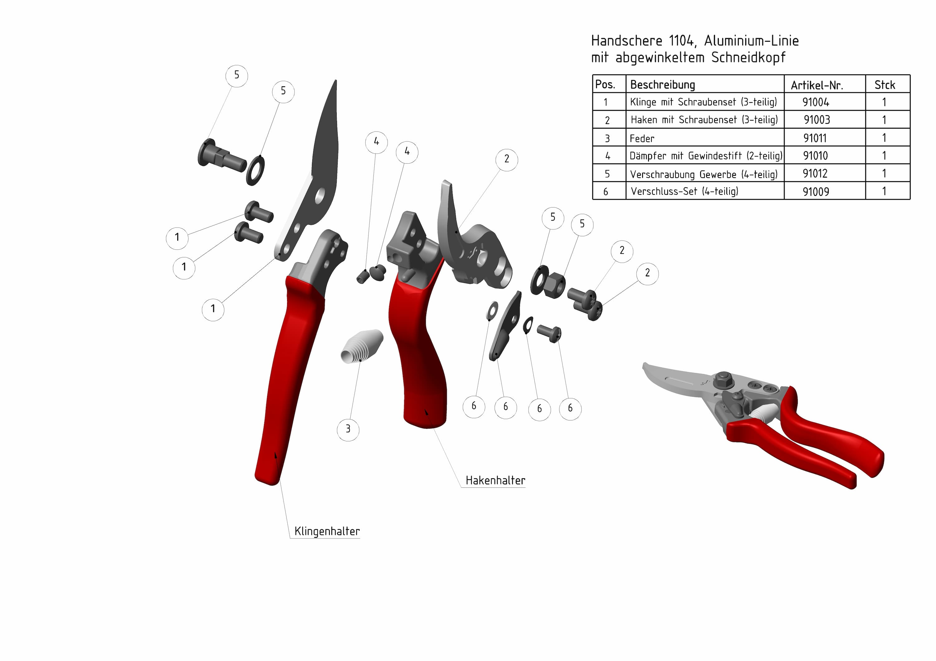 Technische Zeichnung mit Ersatzteilübersicht der Berger Handschere 1104