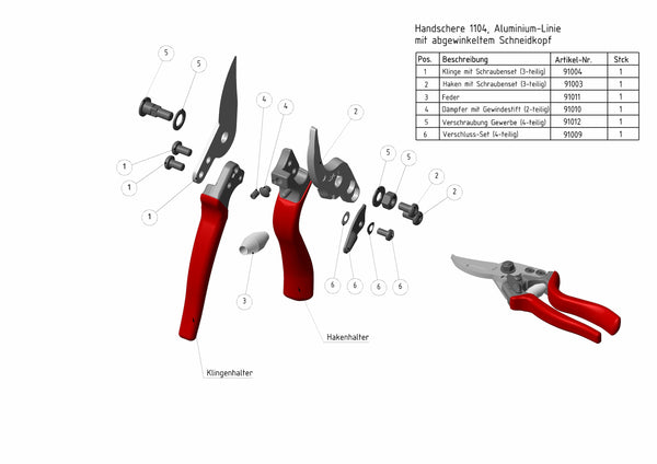 Technische Zeichnung mit Ersatzteilübersicht der Berger Handschere 1104