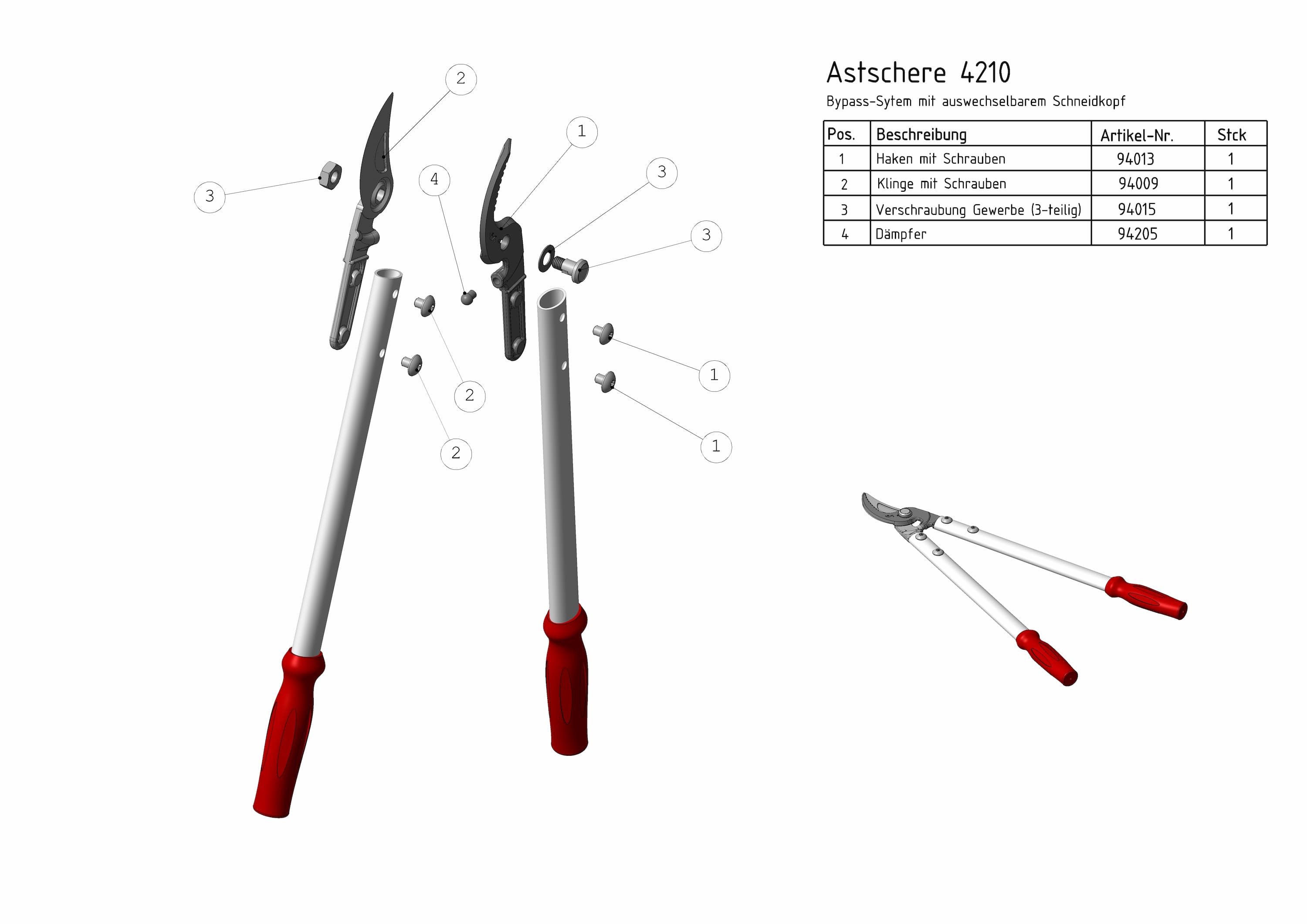 Technische Zeichnung mit Ersatzteilübersicht der Berger Astschere 4210