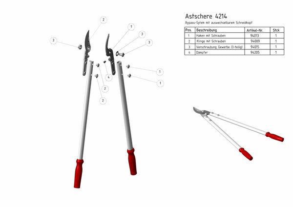 Technische Zeichnung mit Ersatzteilübersicht der Berger Astschere 4214